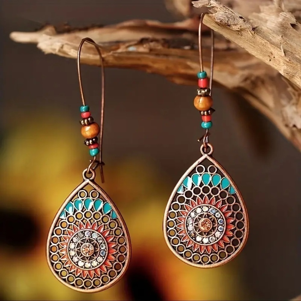 Boho Antique Gold Turquoise Red Teardrop Dangle Earrings 2.5” Kidney Wire